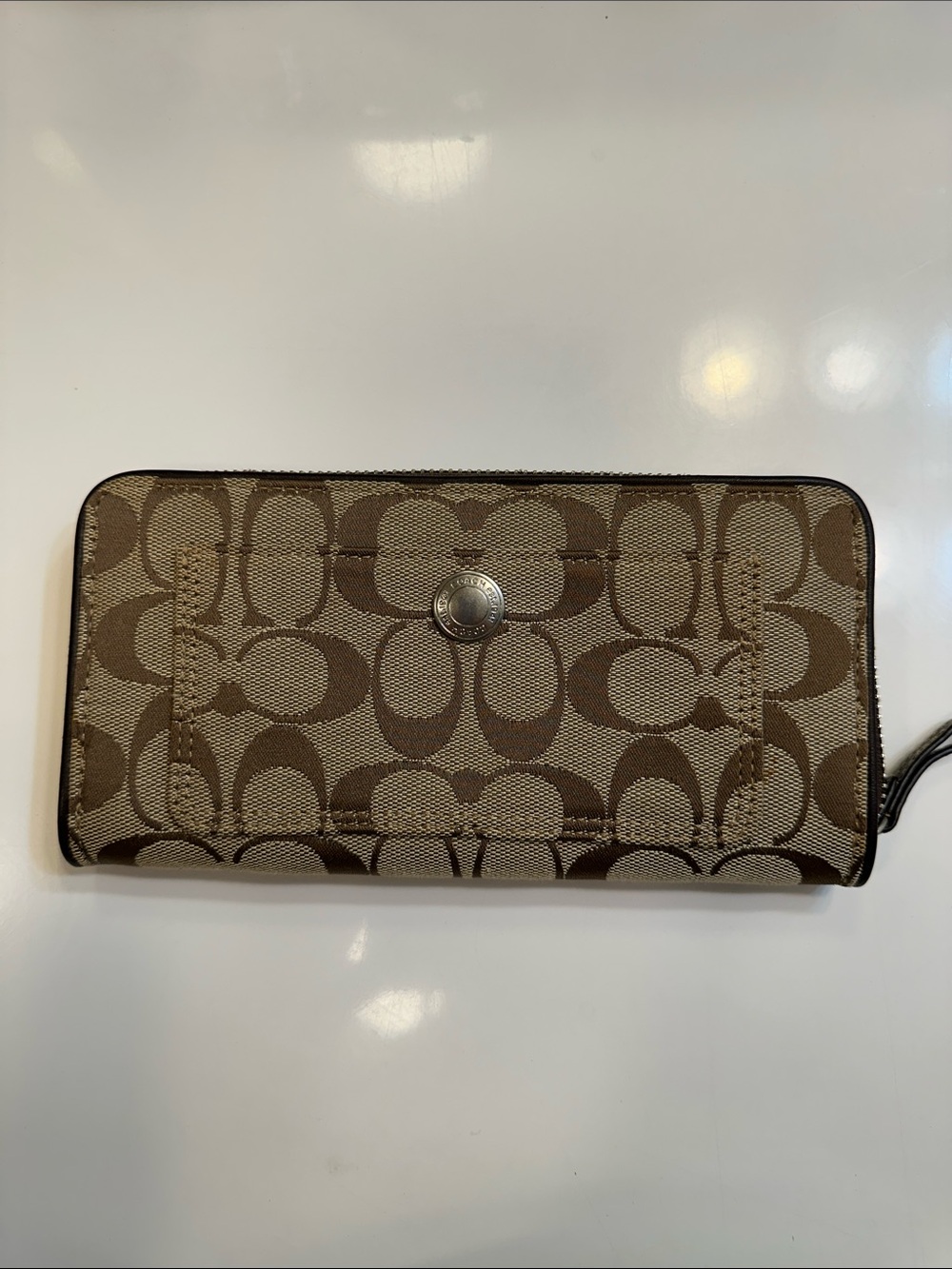 Coach Signature Zip Wallet in Khaki and Brown